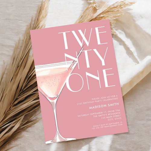 Modern Pink Cocktail 21st Birthday Invitation