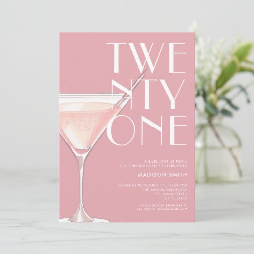 Modern Pink Cocktail 21st Birthday Invitation | Zazzle