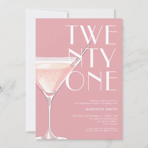 Modern Pink Cocktail 21st Birthday Invitation | Zazzle