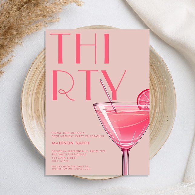 Modern Pink Cocktail 30th Birthday Invitation (Creator Uploaded)