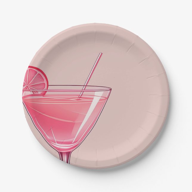 Modern Pink Cocktail Birthday Paper Plates (Front)