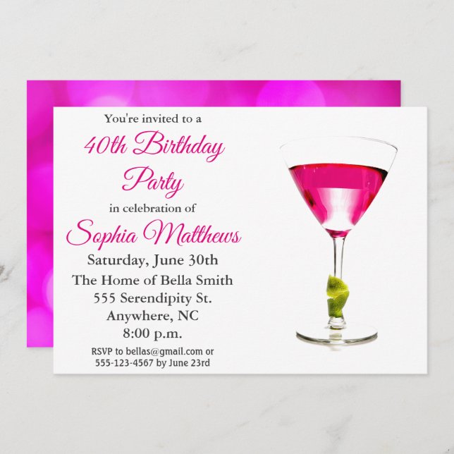 Modern Pink Cocktail Birthday Party Invitation (Front/Back)