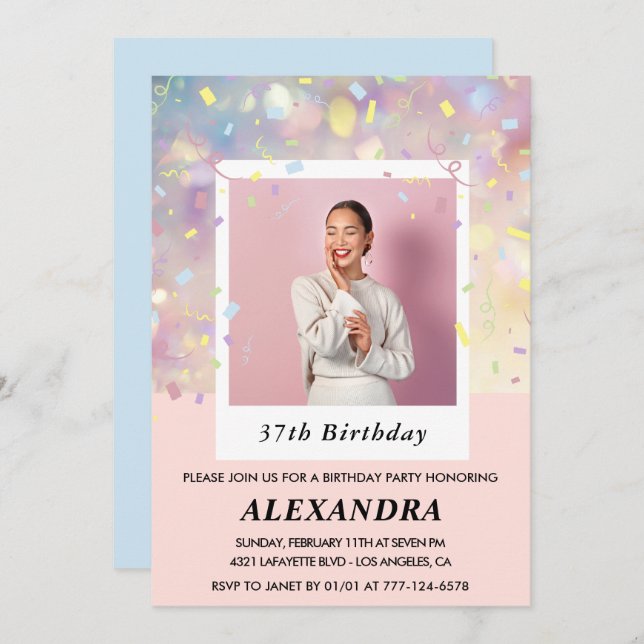 Modern Pink Confetti Photo 37th birthday Invitation (Front/Back)