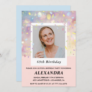 Modern Pink Confetti Photo 69th birthday Invitation