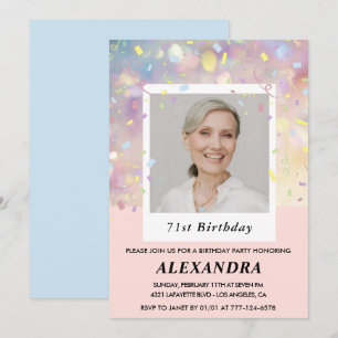 Modern Pink Confetti Photo 71st birthday Invitation