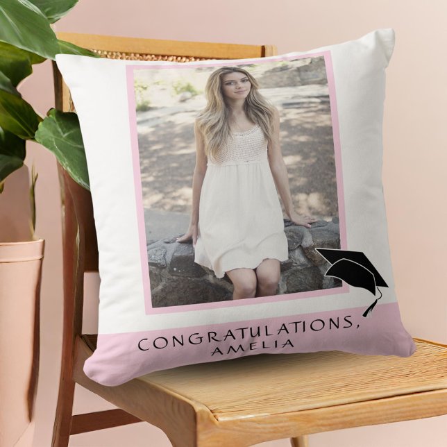 Modern Pink Congratulations Graduation Photo Throw Pillow (Creator Uploaded)