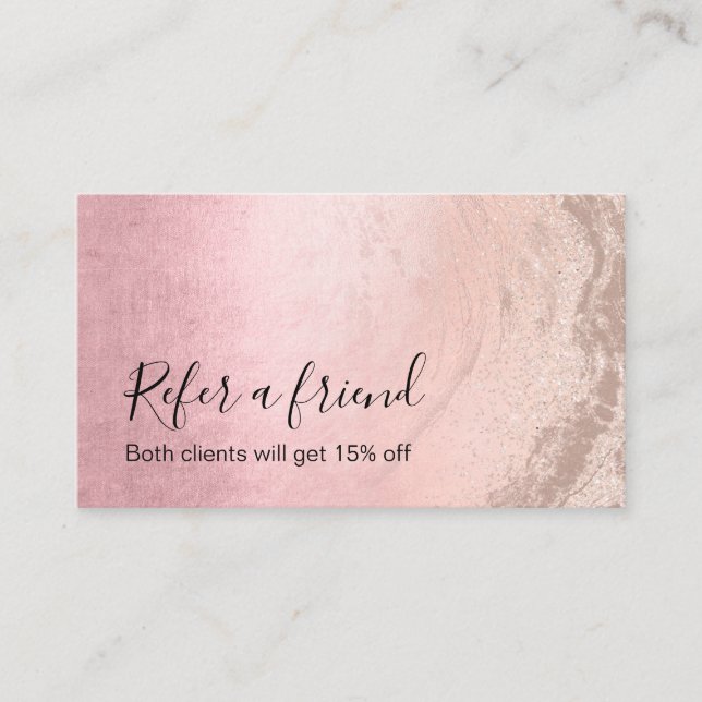 Modern pink copper rose gold glitter makeup artist referral card (Front)