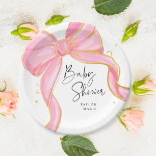 Modern Pink Coquette Bow Baby Shower Girl Paper Plates