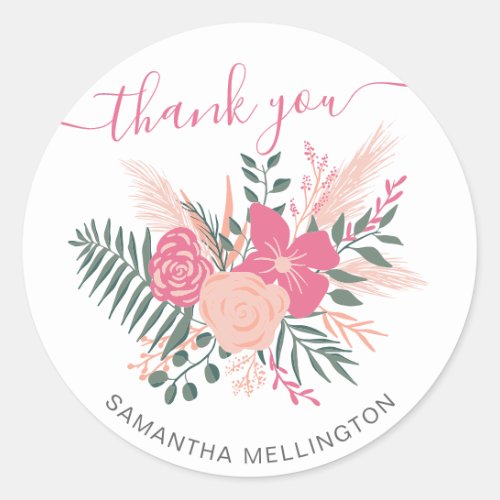 Modern pink coral floral bouquet script thank you classic round sticker