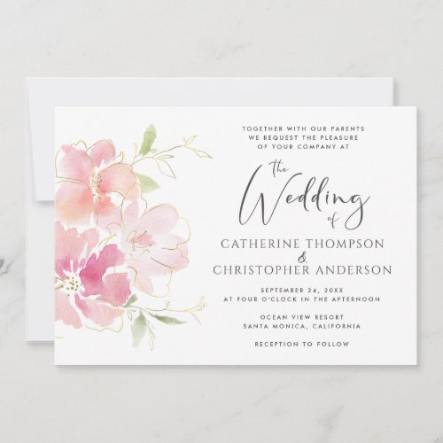 Modern Pink Coral Gold Floral Watercolor Wedding Invitation