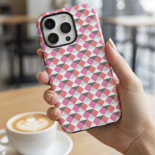 Modern Pink Coral Gray Geometric Harlequin Pattern iPhone 16 Pro Case