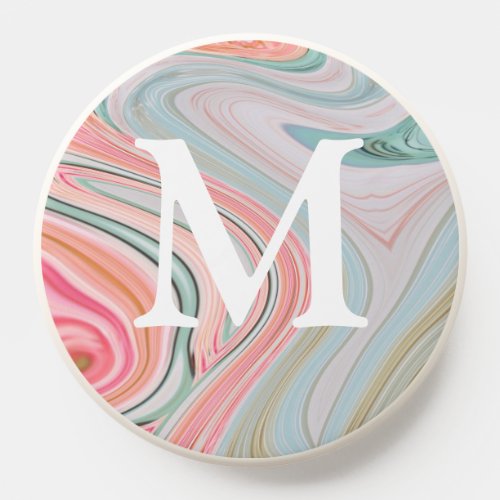 modern pink coral mint green swirls monogram PopSocket