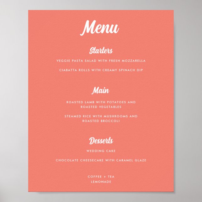 Modern Pink Coral Script Wedding Menu Sign (Front)