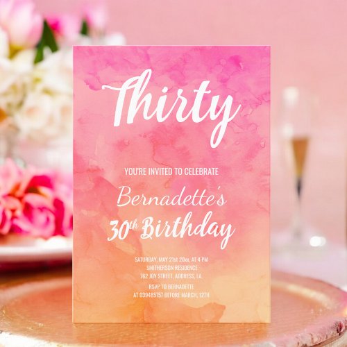 Modern pink coral watercolor ombre 30th Birthday Invitation