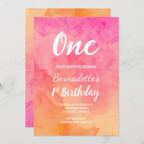 Modern pink coral watercolor ombre first Birthday Invitation