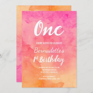 Modern pink coral watercolor ombre first Birthday Invitation