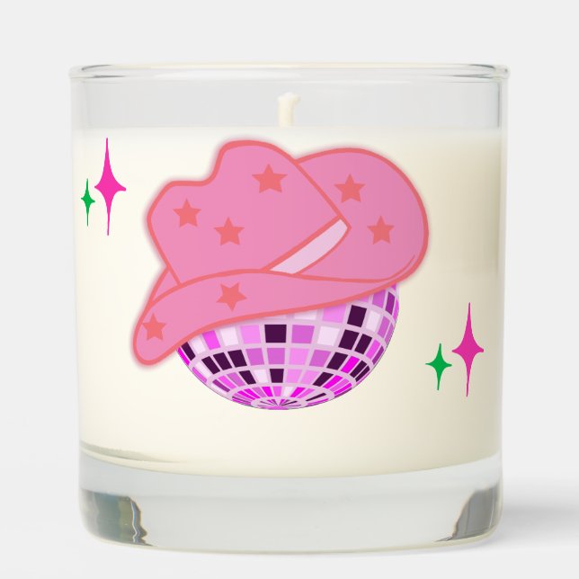 Modern Pink Cowgirl Cowboy Hat Disco Rodeo Scented Candle (Front)