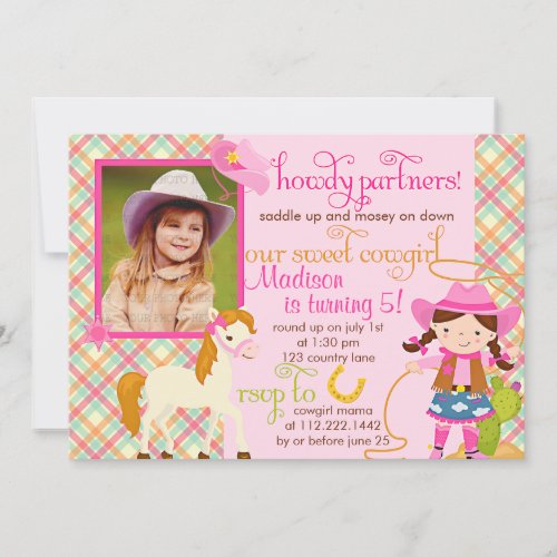 Modern Pink Cowgirl Little Horse Cute Photo Party Announcements