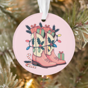 Modern Pink Cowgirl Western Boots Christmas Ornament