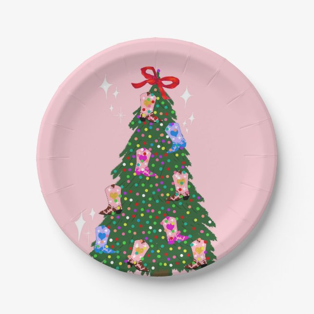 Modern Pink Cowgirl Western Boots Christmas   Paper Plates (Front)