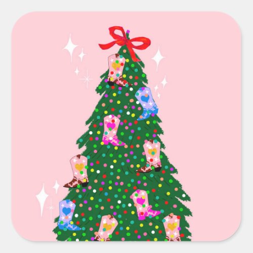 Modern Pink Cowgirl Western Boots Christmas   Square Sticker