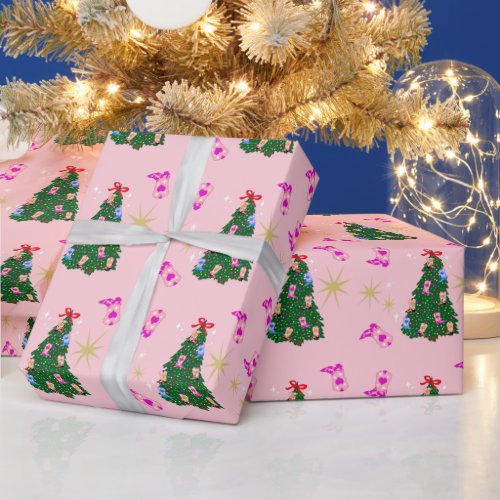 Modern Pink Cowgirl Western Boots Christmas Tree Wrapping Paper