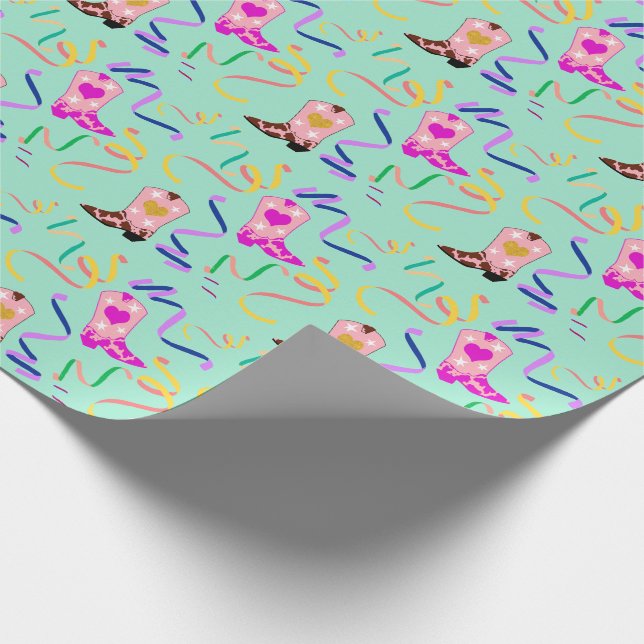 Modern Pink Cowgirl Western Boots Confetti Mint Wrapping Paper (Corner)