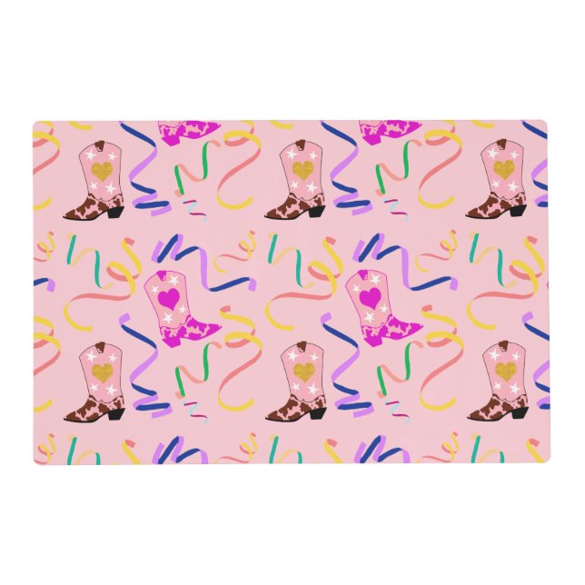 Modern Pink Cowgirl Western Boots Confetti  Placemat (Front)