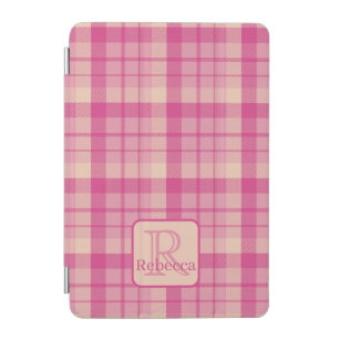 Modern Pink Cream Tartan Monogram Initial Plaid iPad Mini Cover