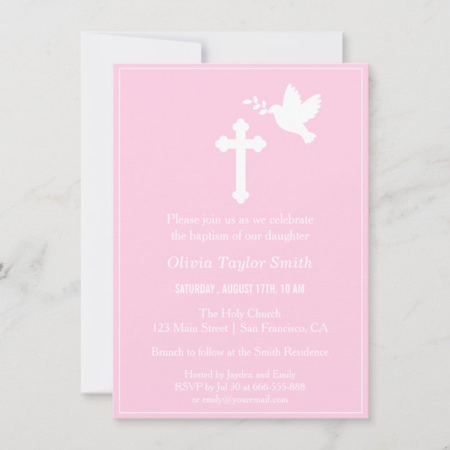 Modern Pink Cross and Dove Baptism Invitations (Front)