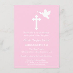 Modern Pink Cross and Dove Baptism Invitations