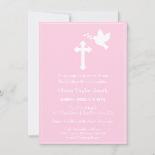 Modern Pink Cross and Dove Baptism Invitations