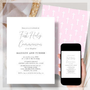 Modern Pink Cross   First Communion Invitation