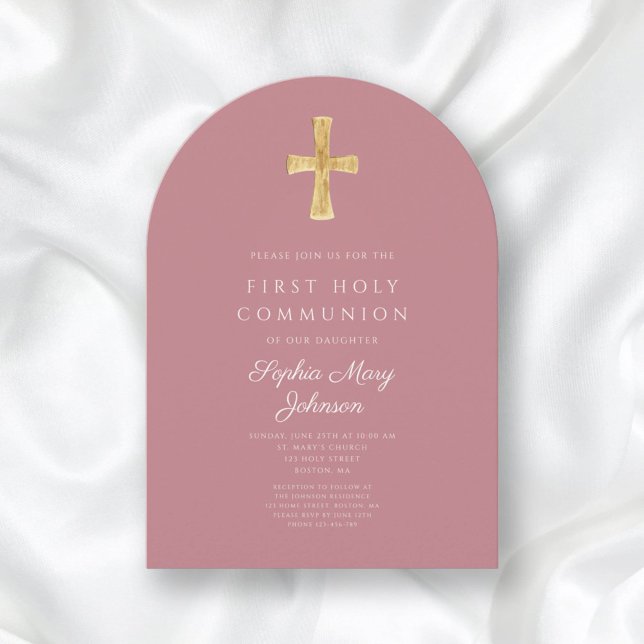 Modern Pink Cross Girl First Communion Arch Invitation (Modern Pink Cross Girl First Communion Arch Invitation)