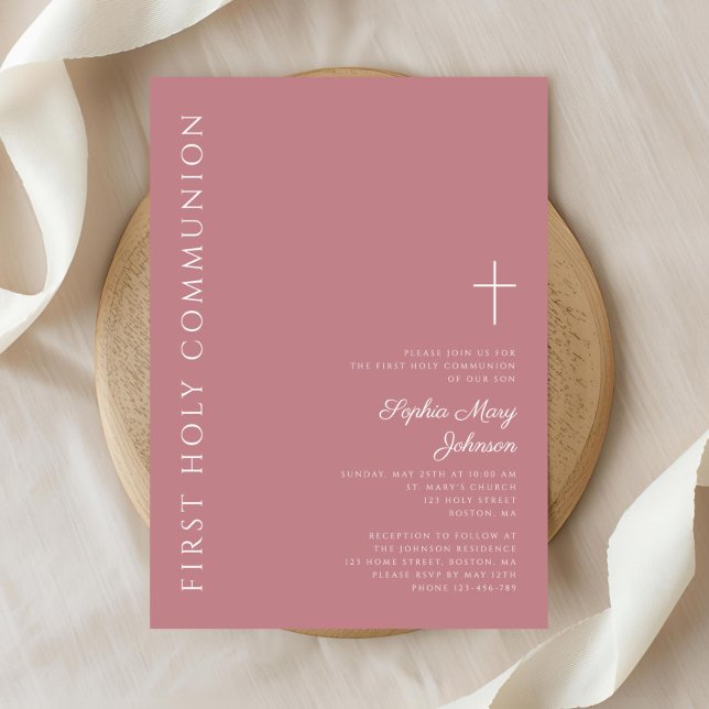 Modern Pink Cross Girl First Communion Invitation (Modern Pink Cross Girl First Communion Invitation)
