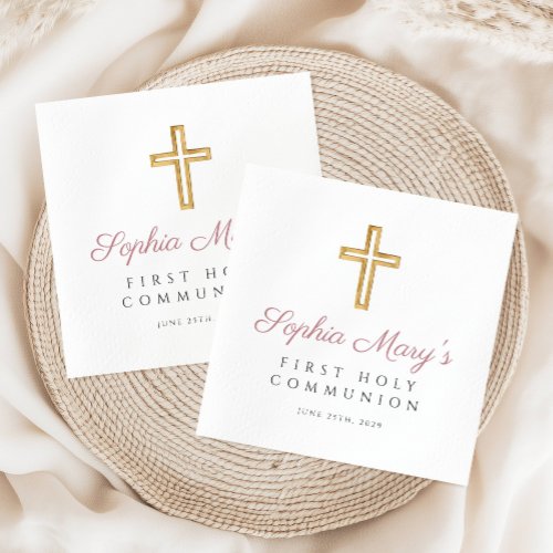 Modern Pink Cross Girl First Communion 