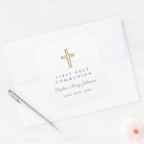 Modern Pink Cross Girl First Communion  Square Sticker