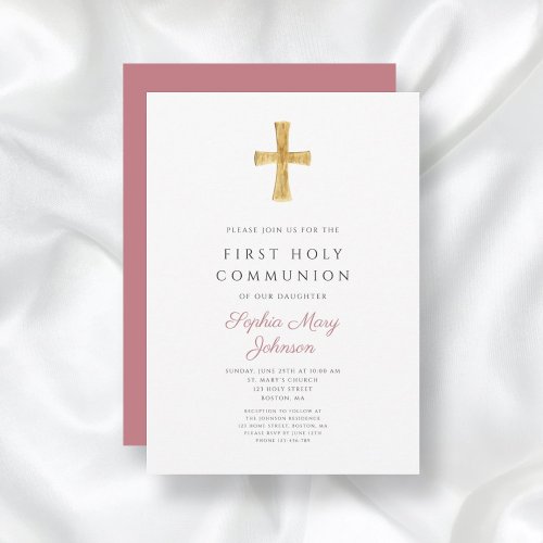 Modern Pink Cross  Girl Holy Communion Invitation