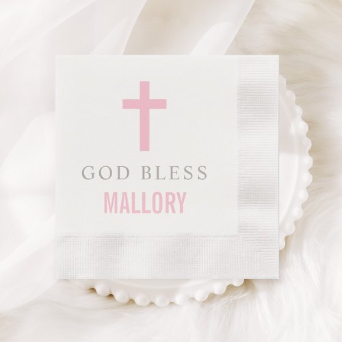 Modern Pink Cross God Bless Baby Girl Baptism