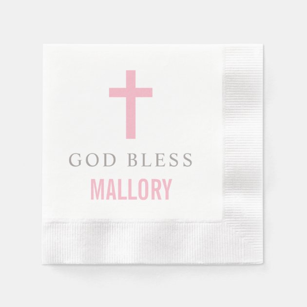 Modern Pink Cross God Bless Baby Girl Baptism Paper Napkins | Zazzle