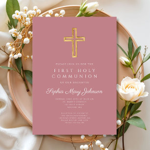 Modern Pink Cross Religious Girl First Communion Invitation