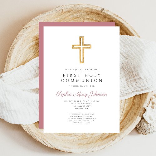 Modern Pink Cross Religious Girl First Communion Invitation