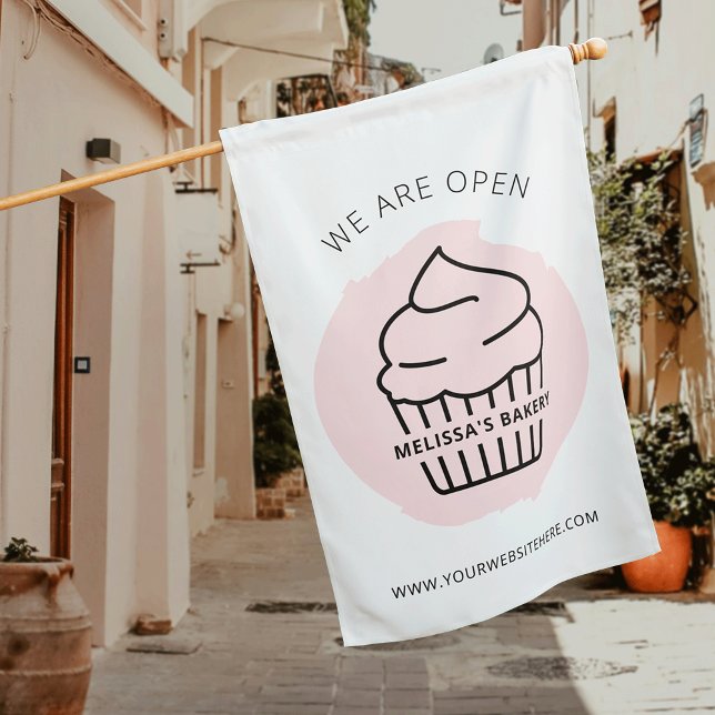 Modern Pink Cupcake We Are Open Bakery Sign Flag (Modern pink and white cupcake bakery outdoor We Are Open Sign with fully editable text & colors)