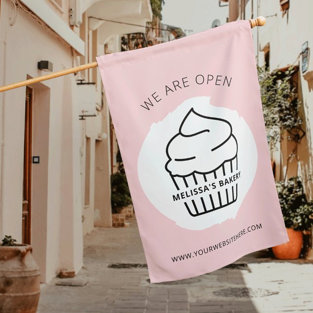 Modern Pink Cupcake We Are Open Bakery Sign Flag (Modern pink and white cupcake bakery outdoor We Are Open Sign with fully editable text & colors)