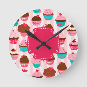 Modern Pink Cupcakes Girly Round Clock