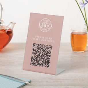 Modern Pink Custom Business Logo QR Code Menu  Pedestal Sign