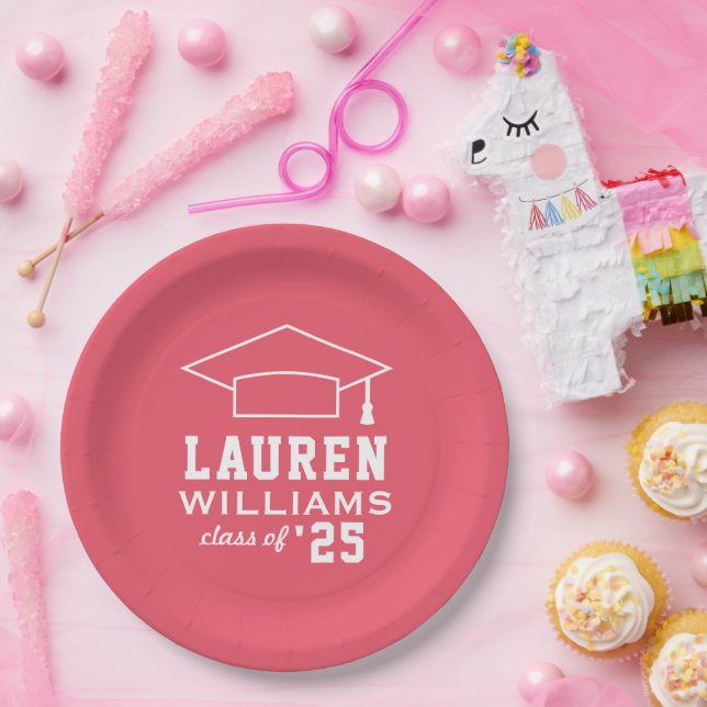 Modern Pink Custom Graduation Party Paper Plates (Party)