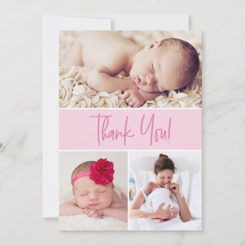 Modern Pink Custom Newborn Photo collage Shower Thank You Card