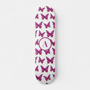 Modern Pink Cute Butterfly Pattern Monogram Skateboard