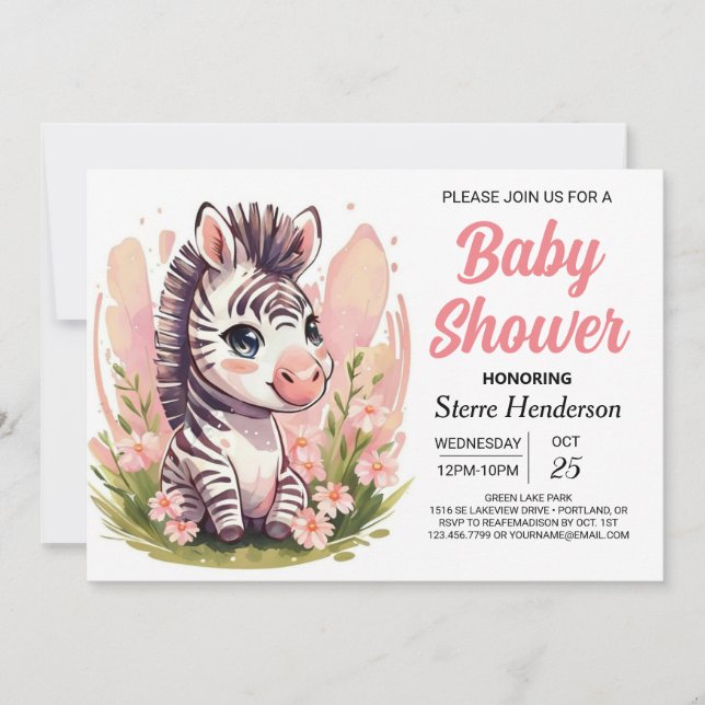 Modern Pink Cute Zebra Baby Shower Invitation (Front)